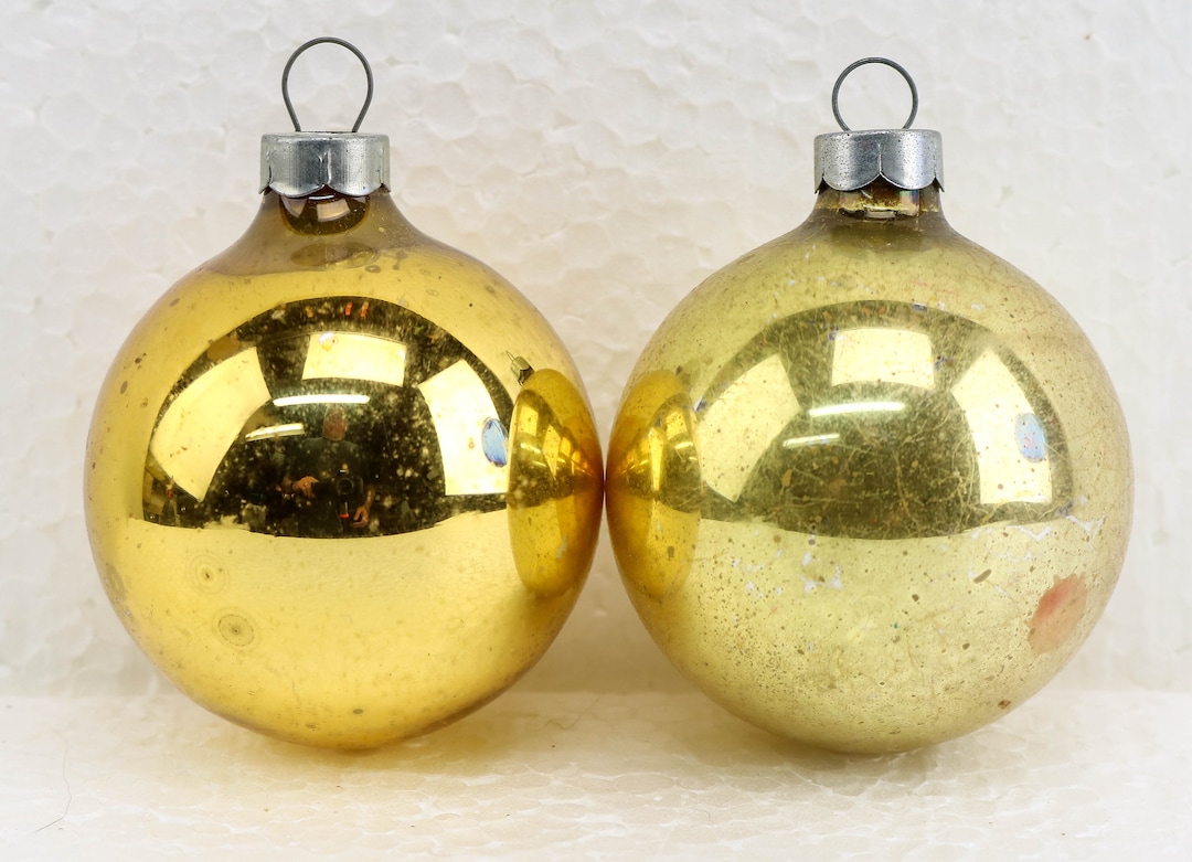2 Vintage Gold Mercury Glass Christmas Ornaments Midcentury Etsy