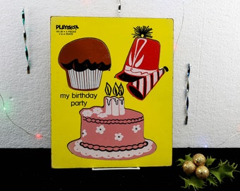 Vintage Made in USA Playskool Wood board Puzzle - My Birthday Cake Cupcake Party 3 Pieces - Puzzle Number 155-20