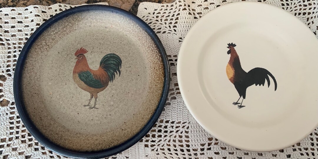 Pair of Rooster Art Pottery Rooster Plates Hand Throne and Designed by