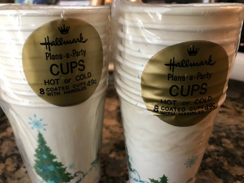 Vintage Hallmark Retro 1960s Paper Christmas Hot Cold Cups Two Available In original Wrapping Old New Stock Blue Green Christmas Tree