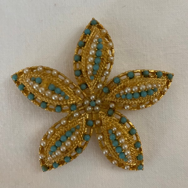 Vintage Starfish Brooch Tiny faux Pearl and Turquoise Beads by Sarah Coventry