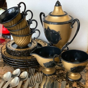 Goth Plastic Fancy Cream Sugar Coffee Samovar Miniature Child Toy Gold with Black Shield Panel Silverware Four Cups Saucers Plates
