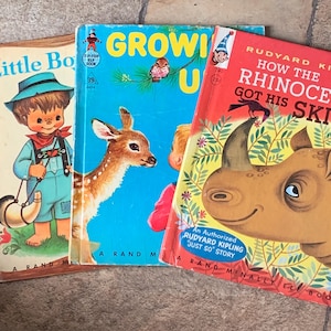 Set of Three 1950s Elf Books, Tip Top Elf Books.  Rudyard Kipling’s “How the Rhinoceros Got His Skin” “Little Boy Blue” “Growing Up”