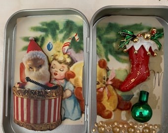 OOAK Vintage Tiny Christmas tin assemblage in 4 inch by 2 1/2 Inch Hinged tin container