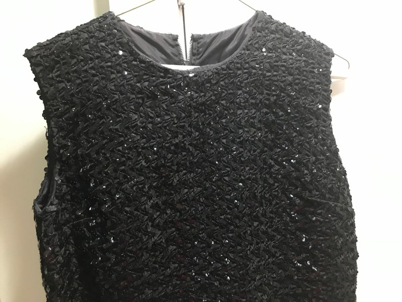 1960s Black Sparky Sequins Short Sleeveless Evening Top Blouse Go Go Girl Formal Wedding
