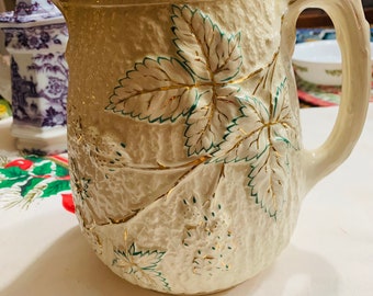 Antique Faience Majolica Ironstone Water Balt Avalon Pitcher Cream Ecru With Green Leaves Berries and Gold Guilt