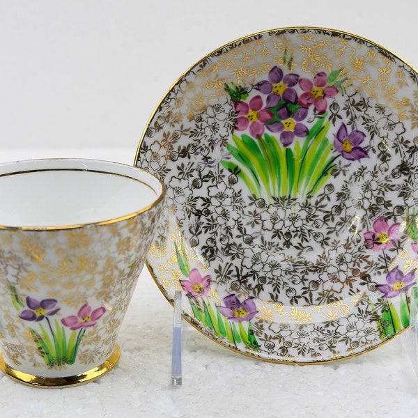 Phoenix England Bone China Teacup Saucer Gold Gilding Springtime Bouquet Pink Purple Flowers Cottage Core Teatime Dining