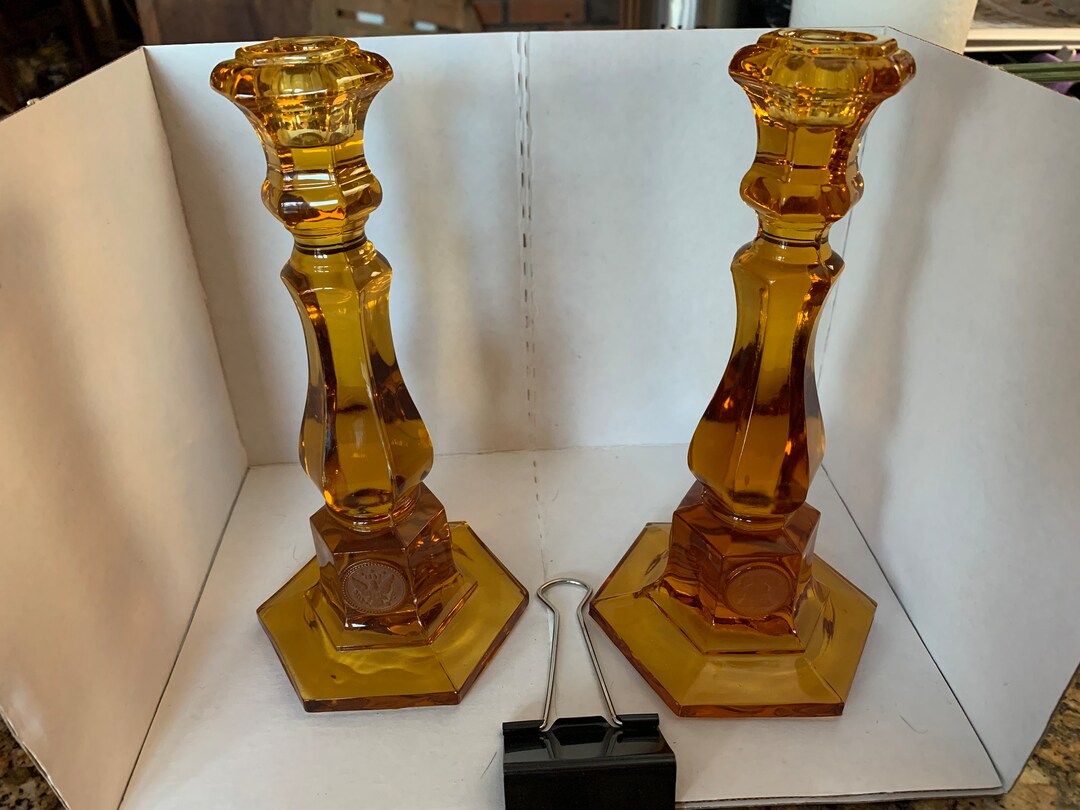 Pair Vintage Gold Amber Colored Glass Candlesticks Embossed Etsy