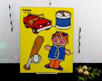 Vintage Made in USA Playskool Woodboard Puzzle - My Toys - Jeep - Drum - Baseball Bat - Doll - Puzzle Number 180-09