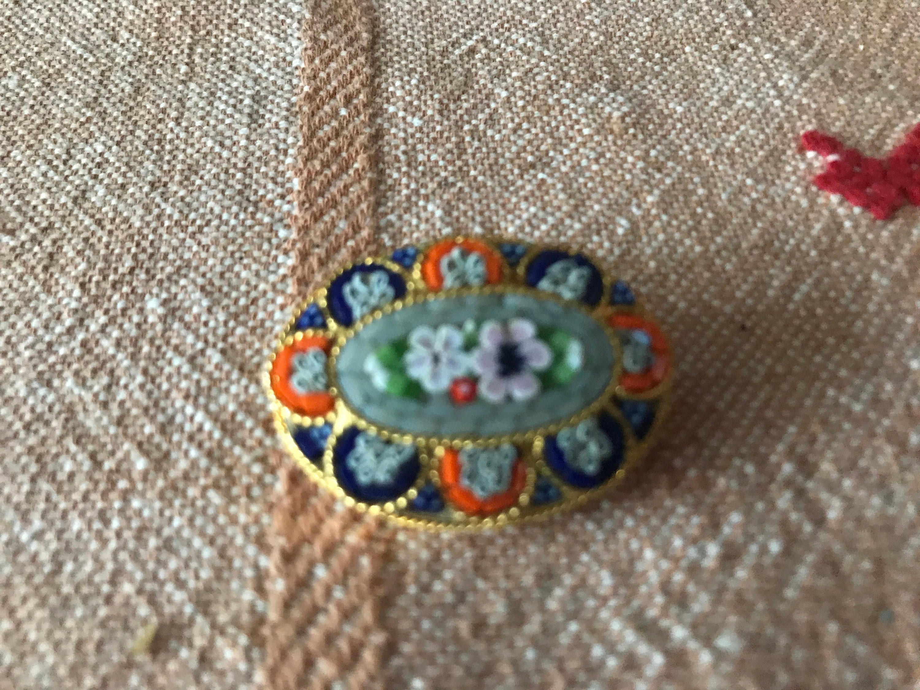 Broche Vintage Micro Mosaïque Millefiori Arbre Et Fleurs - Ancienne, En Laiton Et Paillettes De Verre