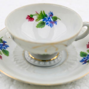 Vintage Bone China Handpainted Demitasse Tea Cup Teacup Red Carnation Purple Posies Gold Gilt Paint Cottage Core
