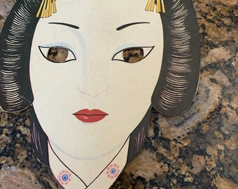 Vintage Japanese Geisha Girl Paper Masquerade Ball Mask Cutout Eyes Dated  1979  Made In Florida Parade Mask