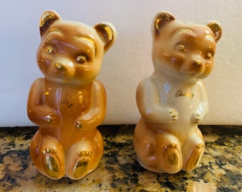 Vintage 1950s Adorable Chubby Whubby Gold Gilt Tan Teddy Bear Pair Souvenir Salt Pepper Shakers Gold Feet Ears Paws
