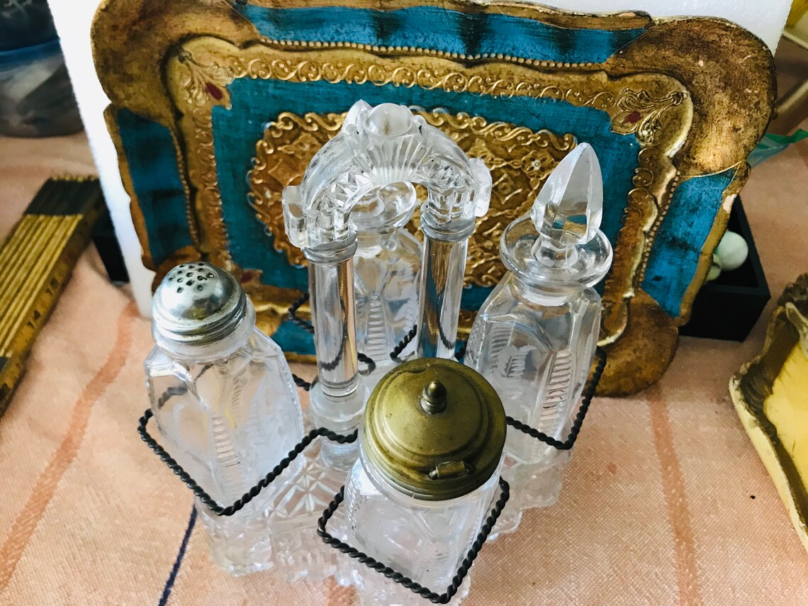 Antique Pressed Etched Cut Glass Castor Set Cruet Ornate Etsy