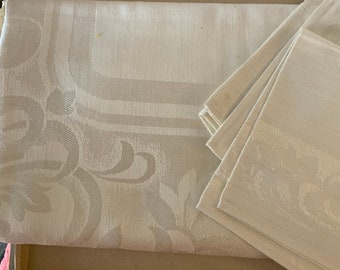 Vintage Ivory Rayon and Cotton Damask Tablecloth with Four Napkins Made in Occupied Japan Unused Cream Ecru  50 X 50 Inch Square