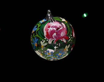 Vintage Fine Art Heirloom Blown Glass Christmas Ornament - Toleware Style Hand Painted - Highly Talented Artist Signed Katrina