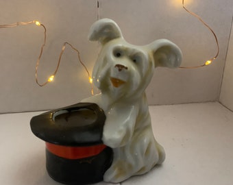 Vintage Made in Japan Little White Westie Porcelain Dog Holding a Black Magic Hat