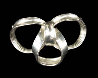 Vintage Handcrafted Silver Bow Brooch Art Jewelry Scarf Brooch Pin Mid Century 1950s Minimalist