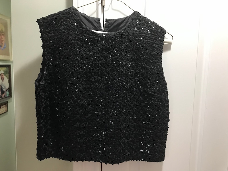 1960s Black Sparky Sequins Short Sleeveless Evening Top Blouse Go Go Girl Formal Wedding