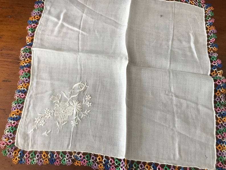 Irish Linen Crochet Bride Handkerchief Rainbow Colored Open Crocheted Edgesm White Open Embroidery Flowers Made in Ireland Hankie