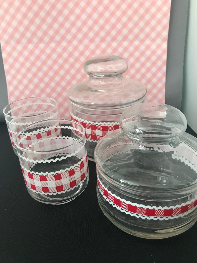 Two Vintage Libbey Glass Storage Containers With Lids And Juice Glasses Red White Checked Checks Rick Rack Pattern Farmhouse Decor
