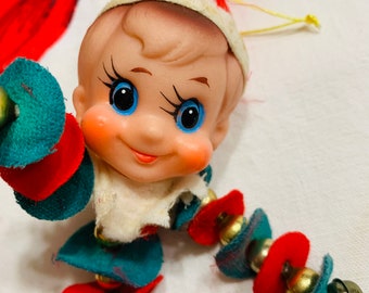 Vintage Rubber Face Christmas Elf Ornament With Little Bells Felt Arms Legs Bendable