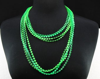 Vintage Four Strand Long Optic Lime Light Green Fun Necklace Hard Plastic or Celluloid Tiny Bead Costume Jewelry