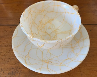 Hazel Atlas Milk Glass Gold Spaghetti Cup and Saucer Teacup