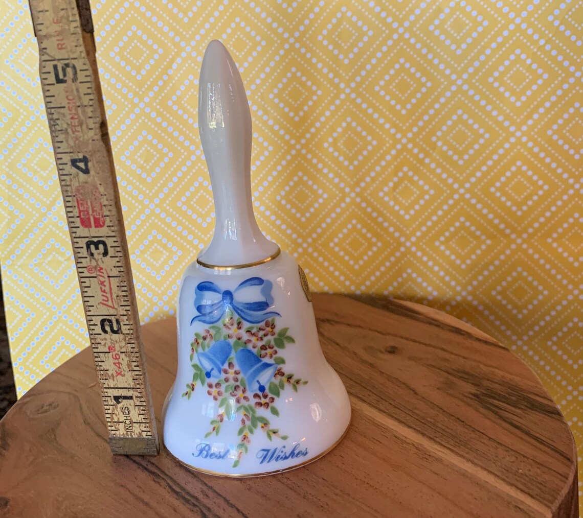 Vintage Milk Glass Westmoreland Bell Paper Label Light Blue Bow Wedding ...