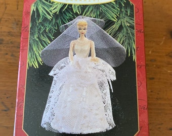 1997 Hallmark Barbie Bride Christmas  Ornament With Box and Plastic Inside Holder