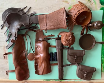 Vintage 1960s Honey West Cowboy Doll Accessories Saddle Chaps Indian Headdress Horse Blanket Marx Toy Coffee Pot Fry Pan