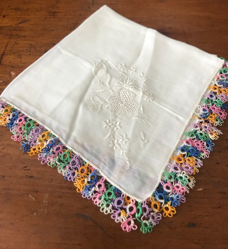 Irish Linen Crochet Bride Handkerchief Rainbow Colored Open Crocheted Edgesm White Open Embroidery Flowers Made in Ireland Hankie