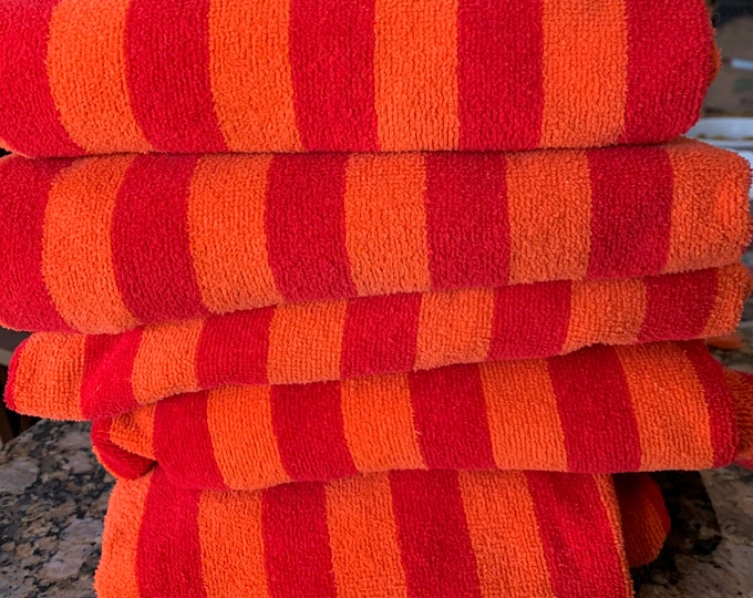 Set of Five Vintage Fieldcrest Groovy Towels 1960s Striped Orange and