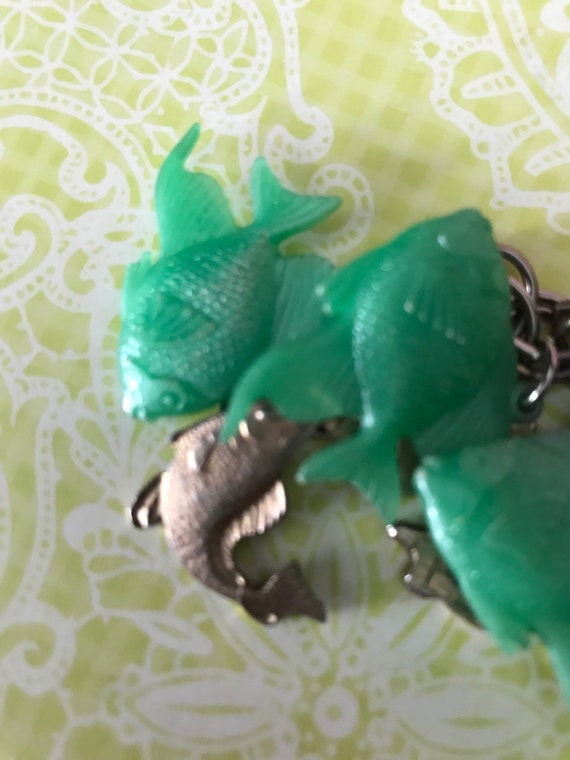 Vintage Retro Charm Bracelet Green Celluloid Fish… - image 2