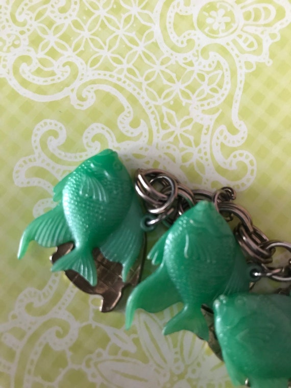 Vintage Retro Charm Bracelet Green Celluloid Fish… - image 3