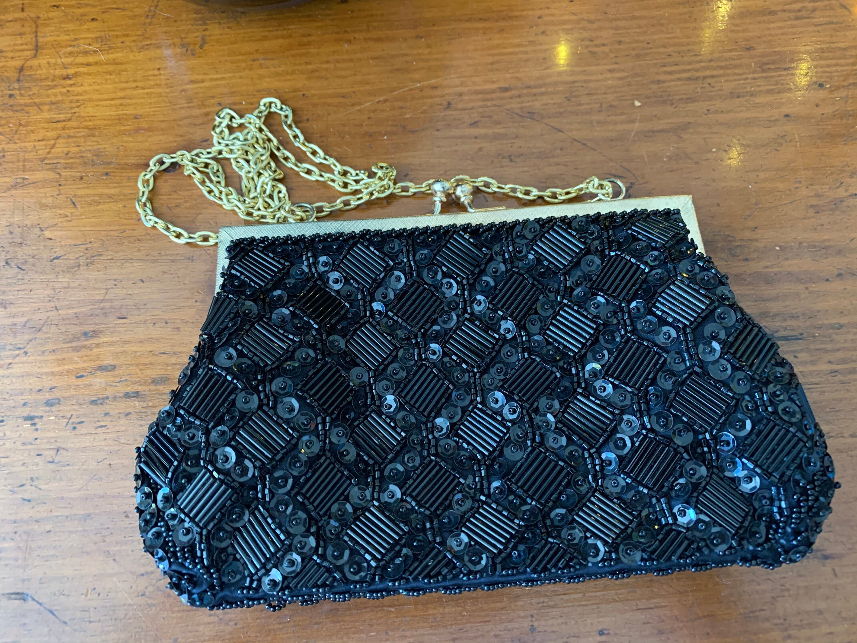 VTG La Regale Evening Bag Purse Handmade Black Beads Sequins Chain Strap  Framed
