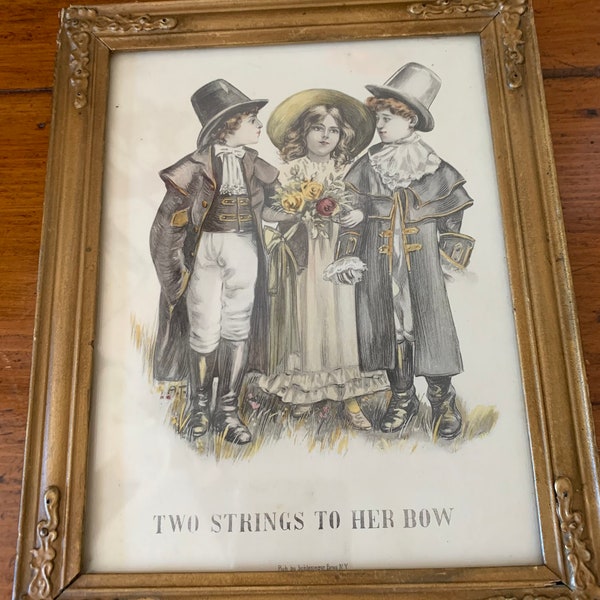 Antique Victorian Hand Colored Lithograph Girl with Her Two “bows 1880 Advertising in Antique Frame Published by Schlesinger Bronx NY