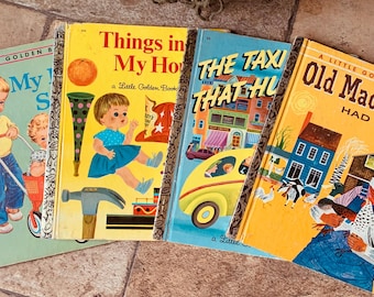 Conjunto de cuatro pequeños libros dorados El viejo McDonald 1960 A, Taxi que corrió 1972, Cosas de mi casa 1968 B, Mi hermanita A