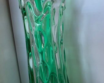 Vintage MidCentury Mottled Green and Clear Glass Swung Vase Four Points
