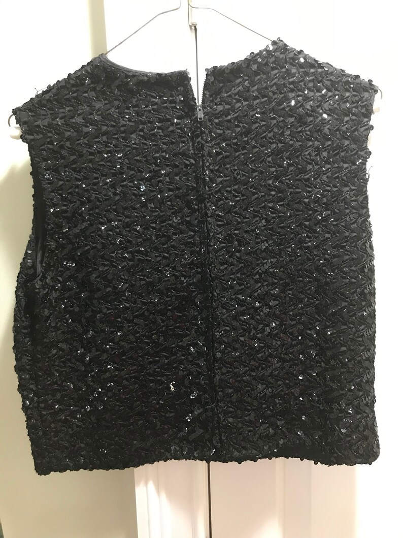 1960s Black Sparky Sequins Short Sleeveless Evening Top Blouse Go Go Girl Formal Wedding