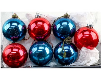 7-Piece Lot of Vintage 4 Blue and 3 Red Glass Ornaments Christmas Ornaments 2.5 Inches Diameter - Made In U.S.A.