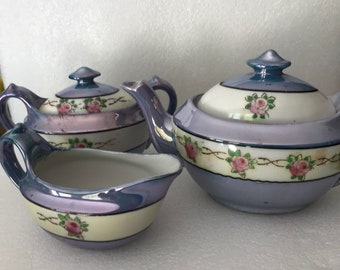 Vintage Purple and Floral Luster Ware Lusterware Five Piece Child Size Tea Set Teapot Creamer Sugar Bowl with Lids Japan