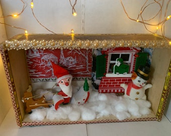 OOAK Cigar Box Miniature Christmas Diorama Assemblage Vintage Contents Snowman Wood Santa Sleigh Open Window