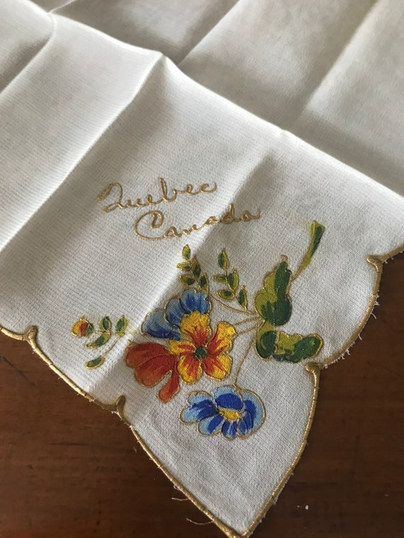Vintage Painted Silk Handkerchief Hankie Gold Pai… - image 1