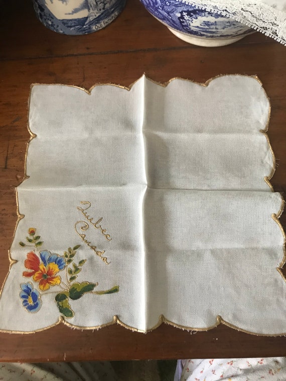 Vintage Painted Silk Handkerchief Hankie Gold Pai… - image 2