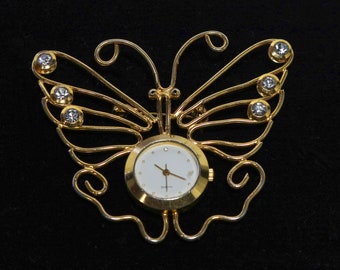Butterfly and White Rhinestones Watch Brooch Working Quartz Movement with Fresh Battery