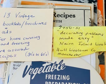 May include: A collection of 13 vintage booklets, brochures, and advertisements from the 1930s to 1960s, featuring home canning and freezing guides, recipes, and a vegetable freezing preparation guide with instructions for scalding times.