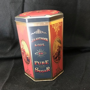 Vintage Advertising Sugar Tin Canister Made in England J R Anthorn Pure Sugar Case Manufacturing Replica Harry&#39;s Grocery