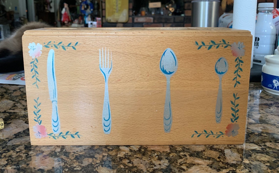 Folk Art Wooden Picnic Country Kitchen Silverware Caddy by Etsy