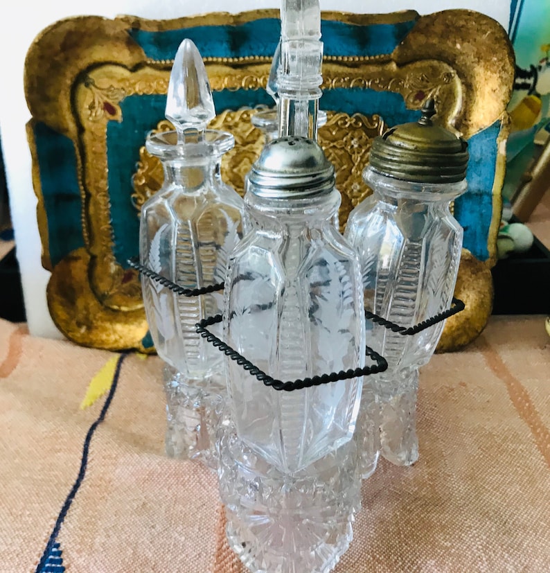 Antique Pressed Etched Cut Glass Castor Set Cruet Ornate Etsy